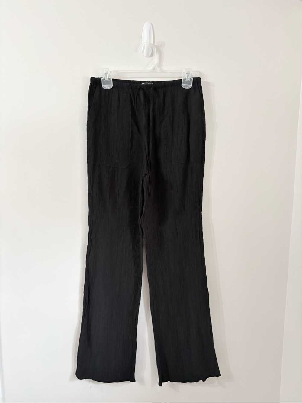 ZARA Black Crinkle Texture Wide Leg Pants Pull on Boho Minimalist Chic Womens S - Picture 2 of 5